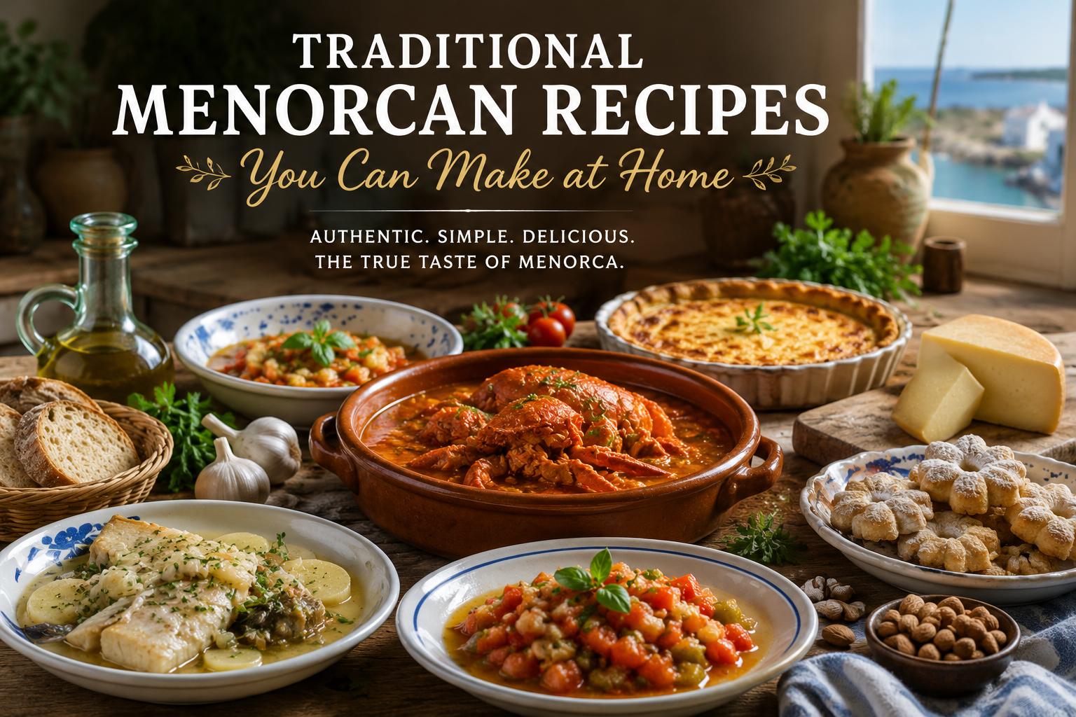 A selection of traditional Menorcan recipes including Caldereta de Langosta, stuffed aubergines, Mahón-Menorca cheese, baked fish and traditional pastries on a rustic Mediterranean table.