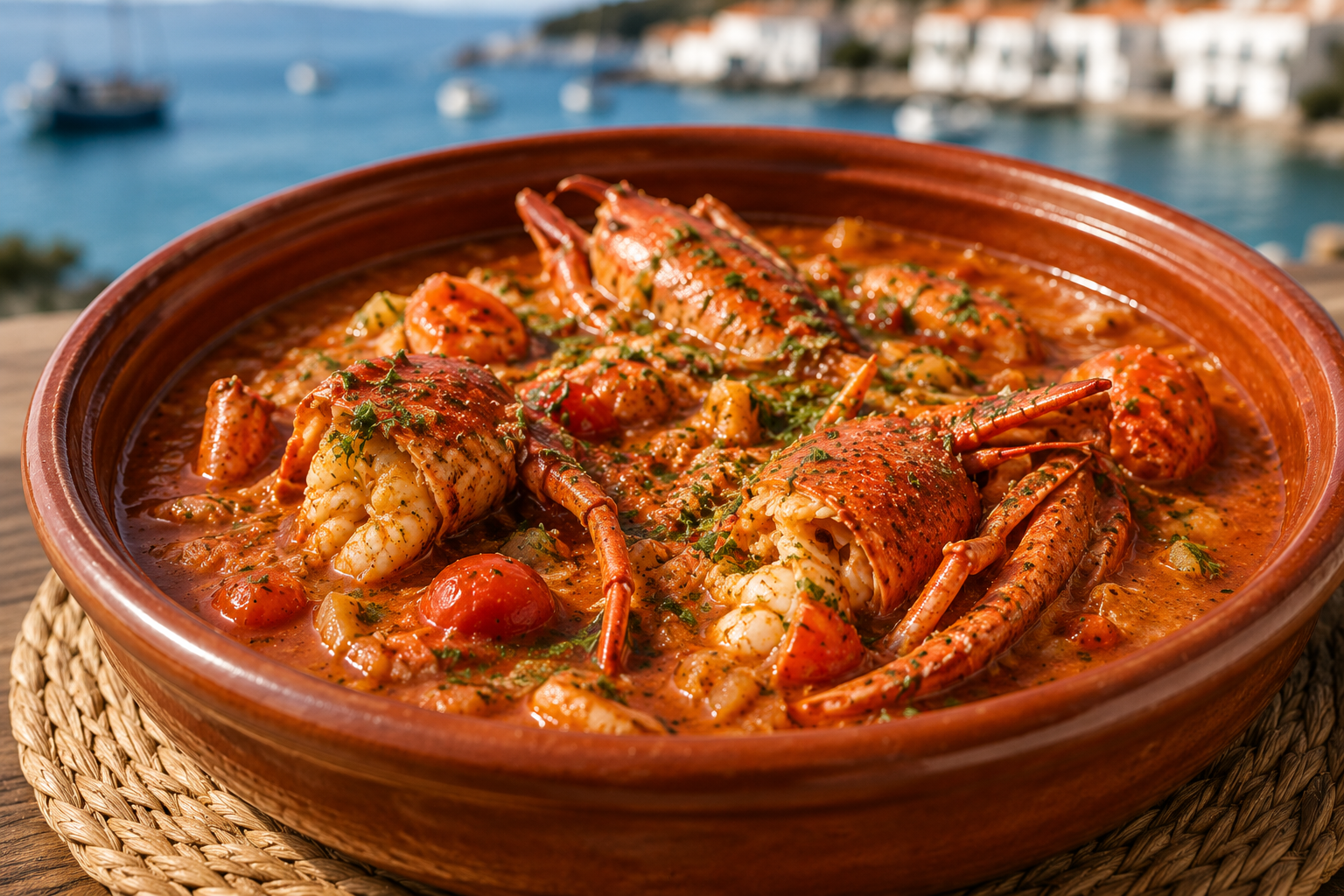 Traditional Caldereta de Langosta served in a rustic earthenware dish overlooking Fornells Harbour in Menorca.