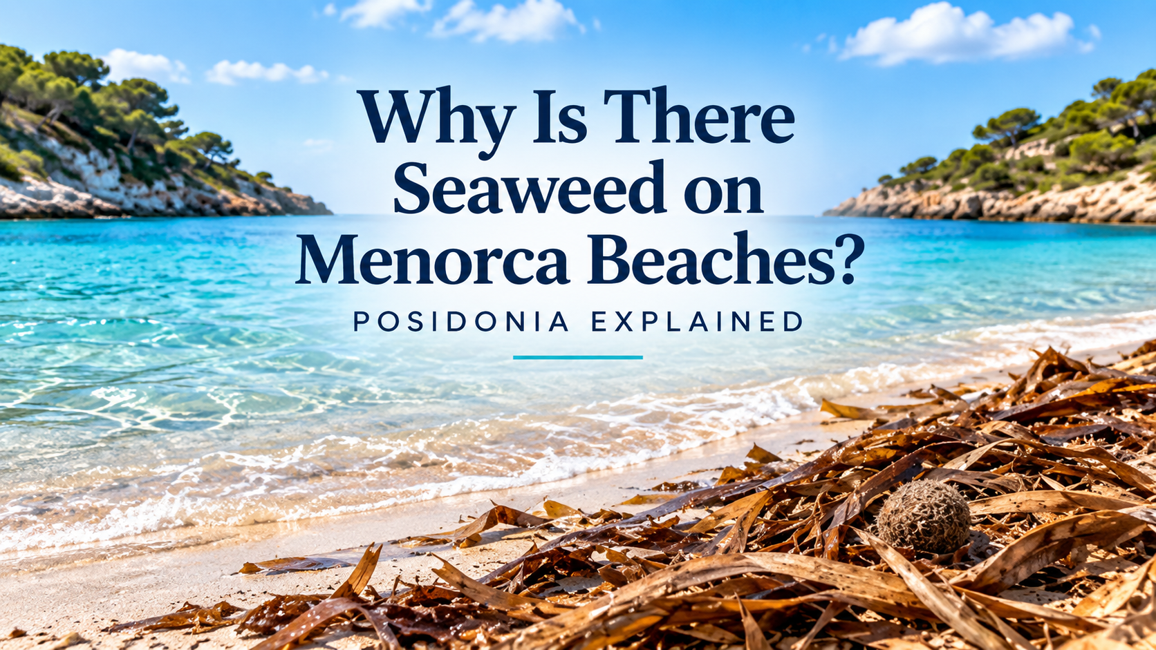Posidonia leaves washed onto a Menorca beach beside clear turquoise water, with the article title centred over the image.