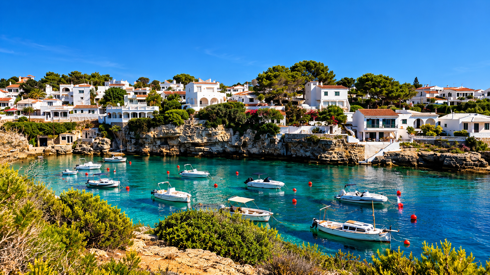 How to Prepare Your Menorca Home for Winter: Menorca coastal homes beside a sheltered turquoise cove, illustrating how to prepare your Menorca home for winter.