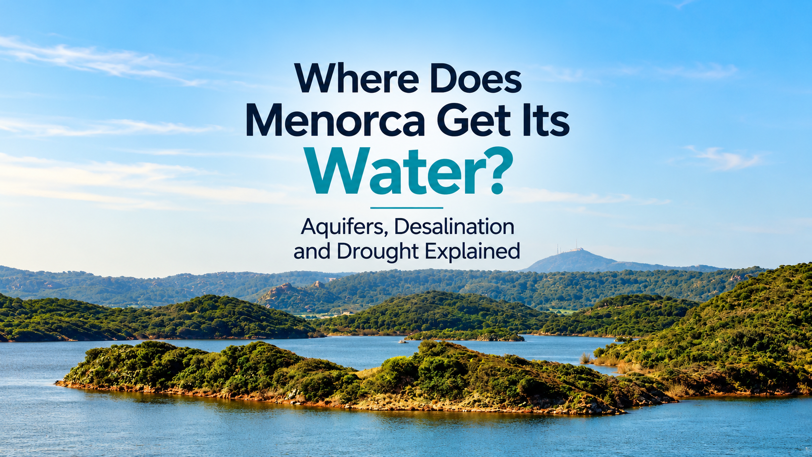 Menorca water supply landscape with inland water, wooded hills and Mediterranean vegetation, illustrating the island’s aquifers, desalination and drought challenges.